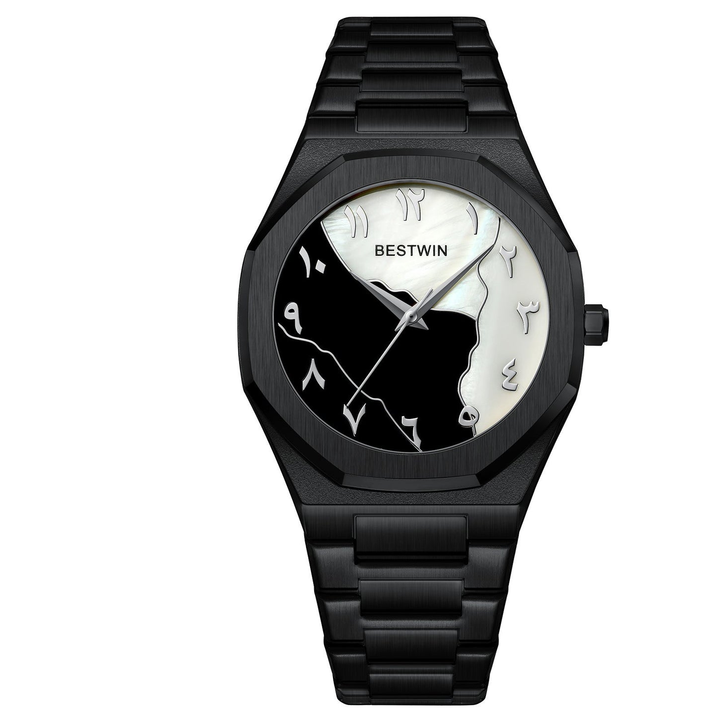 BESTWIN 812BK Men's Casual Quartz Watch with Arabic Numerals Black and White Dial Design Waterproof Stainless Steel Fashionable.