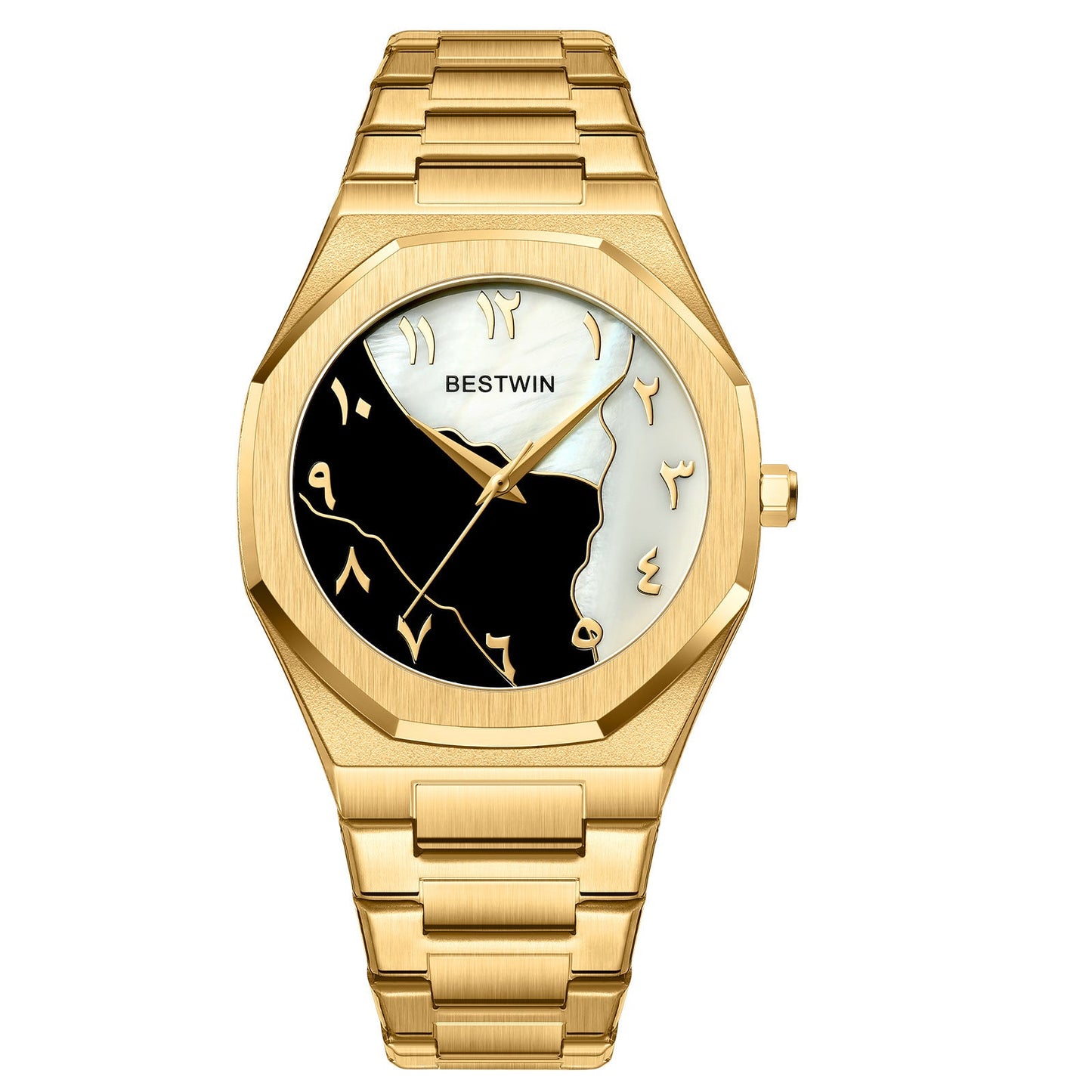 BESTWIN 812BK Men's Casual Quartz Watch with Arabic Numerals Black and White Dial Design Waterproof Stainless Steel Fashionable.