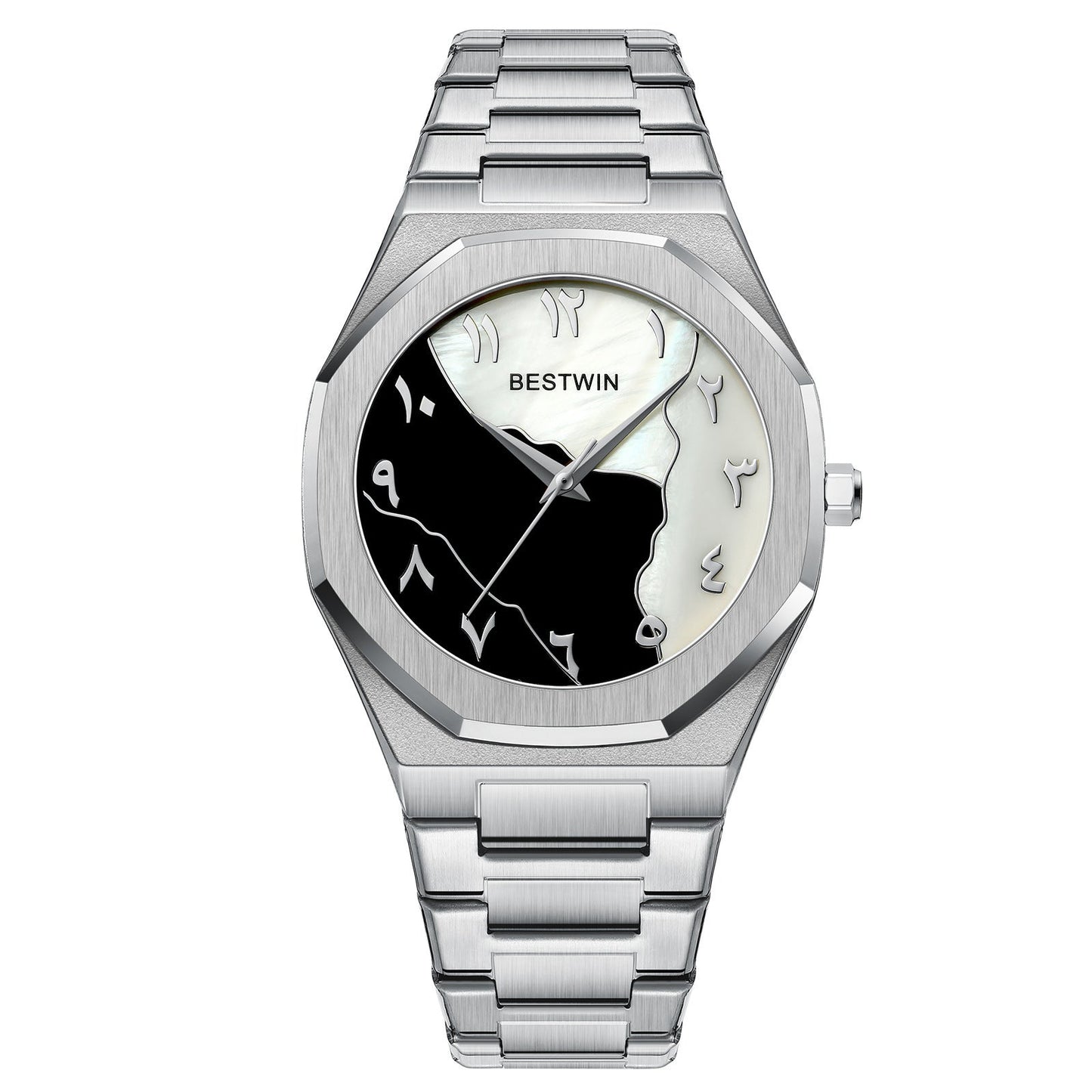 BESTWIN 812BK Men's Casual Quartz Watch with Arabic Numerals Black and White Dial Design Waterproof Stainless Steel Fashionable.